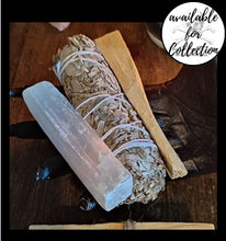 Load image into Gallery viewer, Cleansing bundle, purifying set, palo santo, selenite wand, smudging, white sage, lavender, smudge kit, feathers, wicca, spell, witch gift.