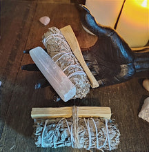 Load image into Gallery viewer, Cleansing bundle, purifying set, palo santo, selenite wand, smudging, white sage, lavender, smudge kit, feathers, wicca, spell, witch gift.
