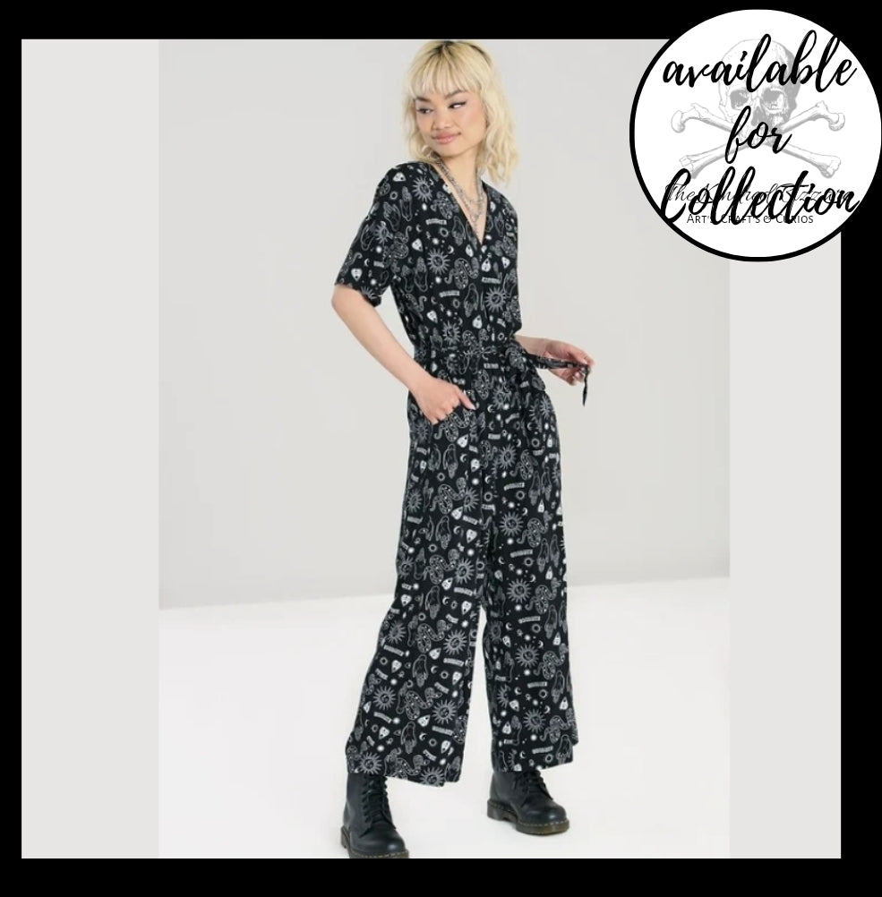 Hell bunny jumpsuit hello goodbye, gothic jumpsuit, black jumpsuit. All in one planchette print.