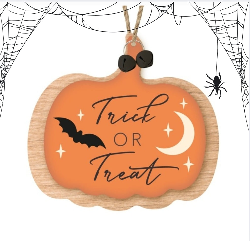 Cute orange trick or treat pumpkin hanging sign