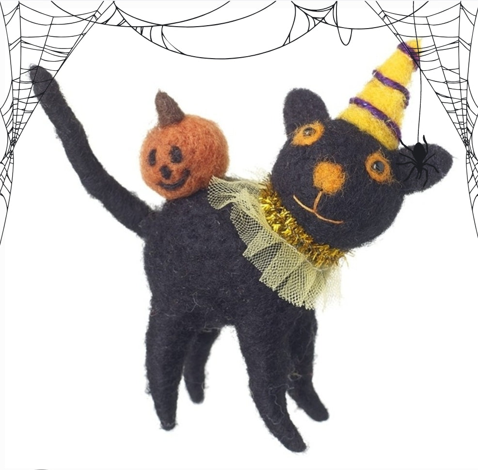 Cute needle felt Halloween cat, vintage cat, black cat.